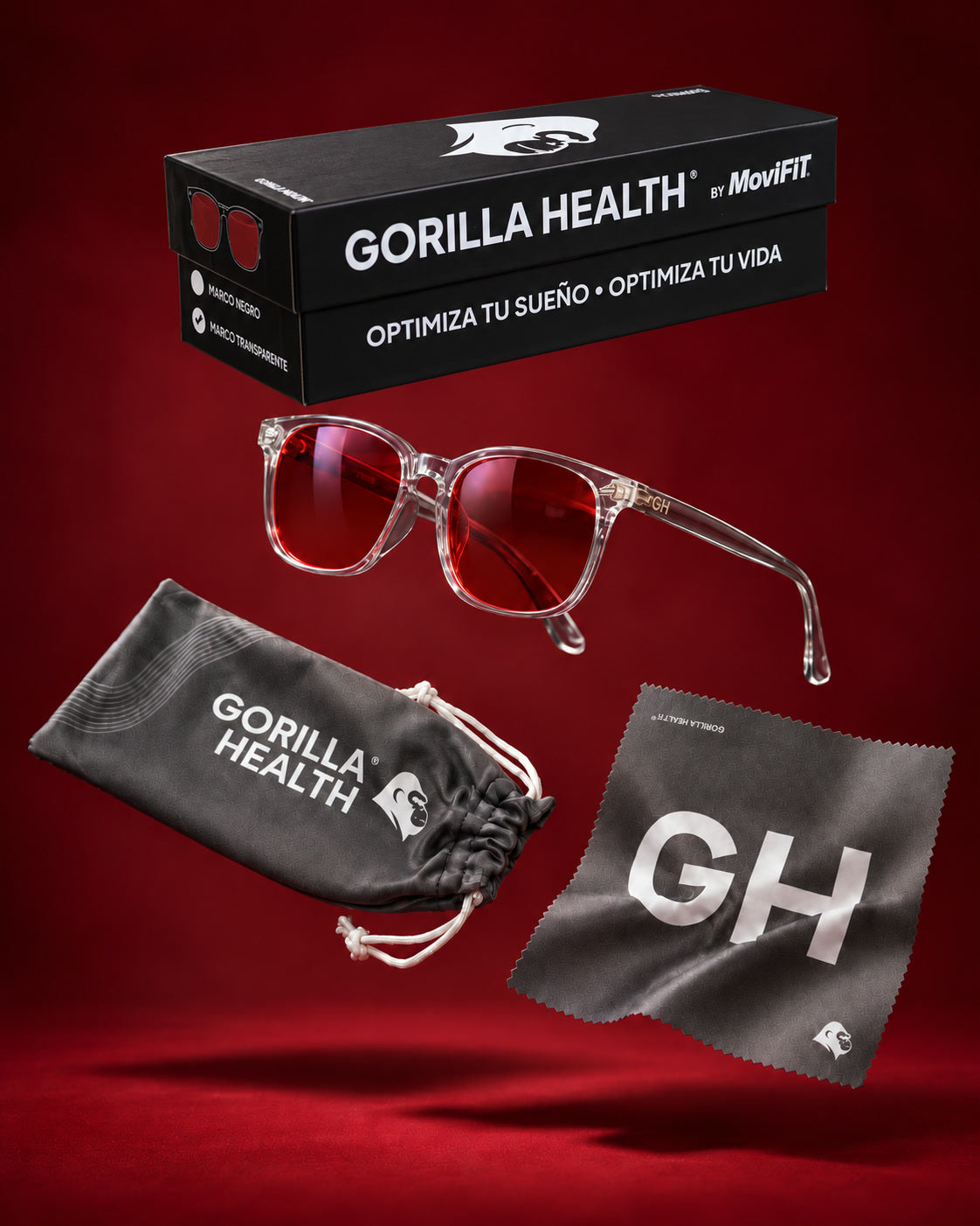 Kit de las gafas con filtro rojo Crystal: gafas, estuche, bolsa y paño